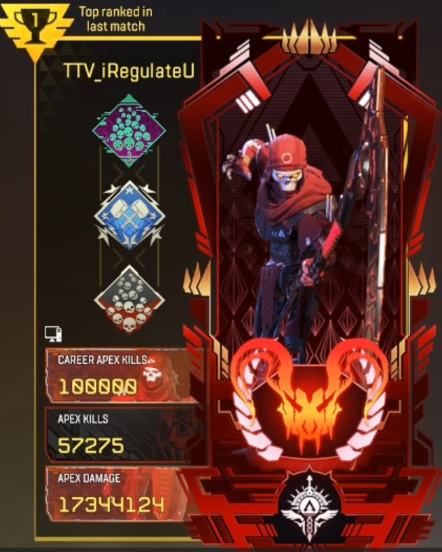 iRegulateU's tweet photo. Hit 100k Career Kills last night! Banner's looking xtra thicc😤 @EA @PlayApex @Respawn @_ApexStatus @trackernetwork #RevenantMain #AlterMain https://t.co/R7iKjK9LbN