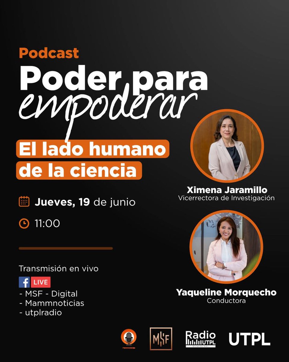 #MujeresEnCiencia 🔬Este jueves conversaremos sobre “El lado humano de la ciencia” junto a la Dra. Ximena Jaramillo, Vicerrectora de Investigación de la <a href="/utpl/">🎓 UTPL</a> 
🗣️Escúchanos en: radio.utpl.edu.ec
📱FB. live @utplradio