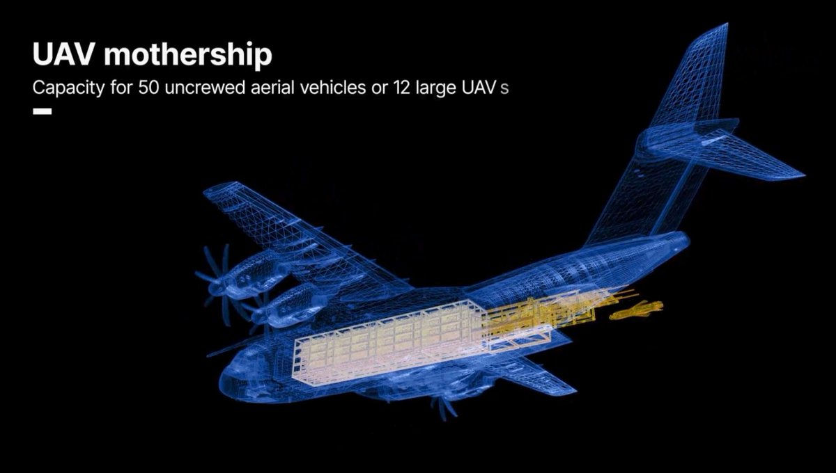 A400M, por primera vez Airbus da una cifra de su capacidad como portador de drones. 
- 50 pequeños, o
- 12 grandes
Recordemos que uno de sus roles en FCAS es el de llevar Remote Carriers hacia el frente.
