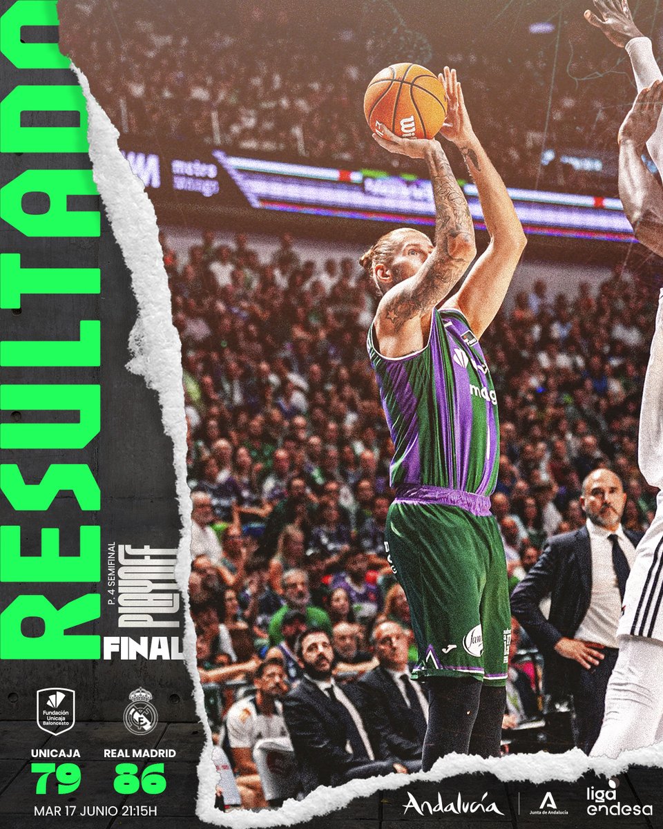 unicajaCB's tweet photo. 🚨 FINAL. No pudo ser. 79-86

🏆 P. 4 Semifinal #PlayoffLigaEndesa @ACBCOM
🆚 @RMBaloncesto

💚💜 #YoSoyDelUnicaja @viveandalucia https://t.co/0v32cxqbDd