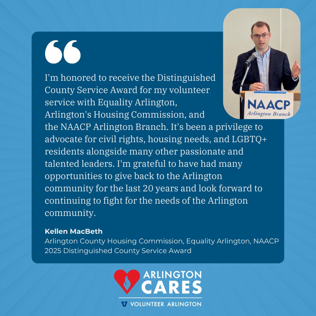 Volunteer Arlington (@volarlington) on Twitter photo 👏 Congratulations to Kellen MacBeth, 2025 Distinguished County Service Award recipient! Thank you for your service to the <a href="/ArlingtonVA/">Arlington County</a> Housing Commission, <a href="/EqualityArlVA/">Equality Arlington</a>, and the <a href="/NAACP/">NAACP</a>. Celebrate volunteerism with us on July 1 at #ArlingtonCares: volunteerarlington.org/events/arlingt… 👏 Congratulations to Kellen MacBeth, 2025 Distinguished County Service Award recipient! Thank you for your service to the <a href="/ArlingtonVA/">Arlington County</a> Housing Commission, <a href="/EqualityArlVA/">Equality Arlington</a>, and the <a href="/NAACP/">NAACP</a>. Celebrate volunteerism with us on July 1 at #ArlingtonCares: volunteerarlington.org/events/arlingt…