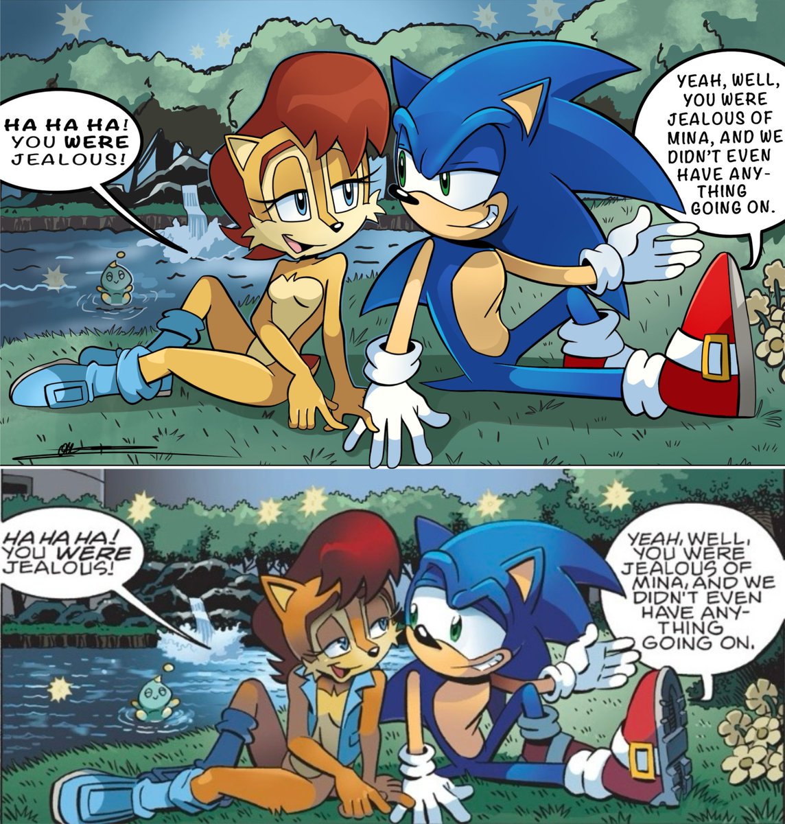 silvers_rings's tweet image. #SonicTheHedgehog comic panel redraw! Mine is on the top, and the original is on the bottom. — #sallyacorn #sonally