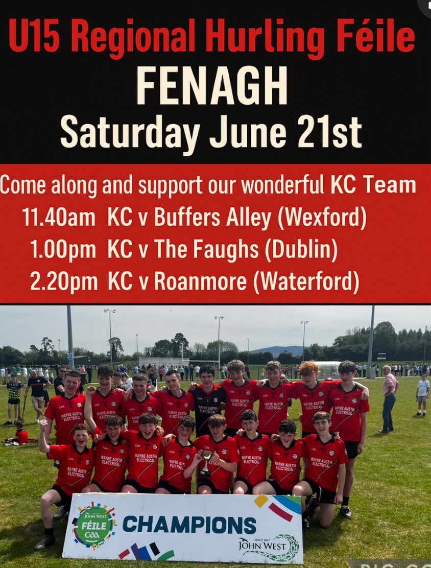 Kildavin/ClonegalGAA (@kc_gaa) on Twitter photo Best wishes to our u15 hurlers who compete in the regional hurling Feile on Saturday 21st in Fenagh! Have a great day lads. 🔴⚫️
<a href="/Carlow_GAA/">Carlow GAA</a> <a href="/gaaleinster/">Leinster GAA</a> <a href="/CWnationalist/">Carlow Nationalist</a> <a href="/CarlowGAACoach/">Carlow GAA Coaching & Games</a> Best wishes to our u15 hurlers who compete in the regional hurling Feile on Saturday 21st in Fenagh! Have a great day lads. 🔴⚫️
<a href="/Carlow_GAA/">Carlow GAA</a> <a href="/gaaleinster/">Leinster GAA</a> <a href="/CWnationalist/">Carlow Nationalist</a> <a href="/CarlowGAACoach/">Carlow GAA Coaching & Games</a>