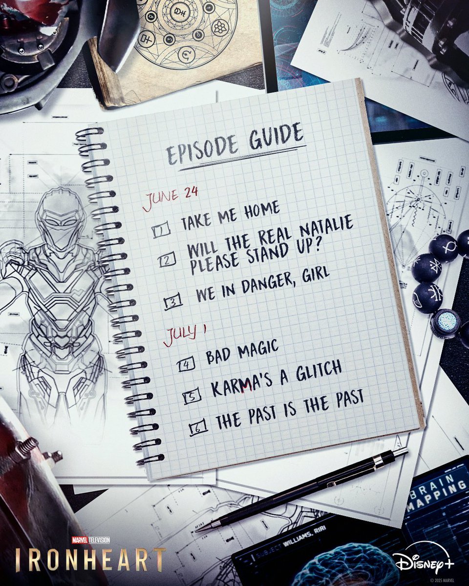 The episode titles for #Ironheart:

• “Take me home” 
• “Will the real Natalie please stand up?” 
• “We in danger, girl” 
• “Bad Magic” 
• “Karma's a glitch” 
• “The past is the past”

Streaming June 24 on Disney+.
