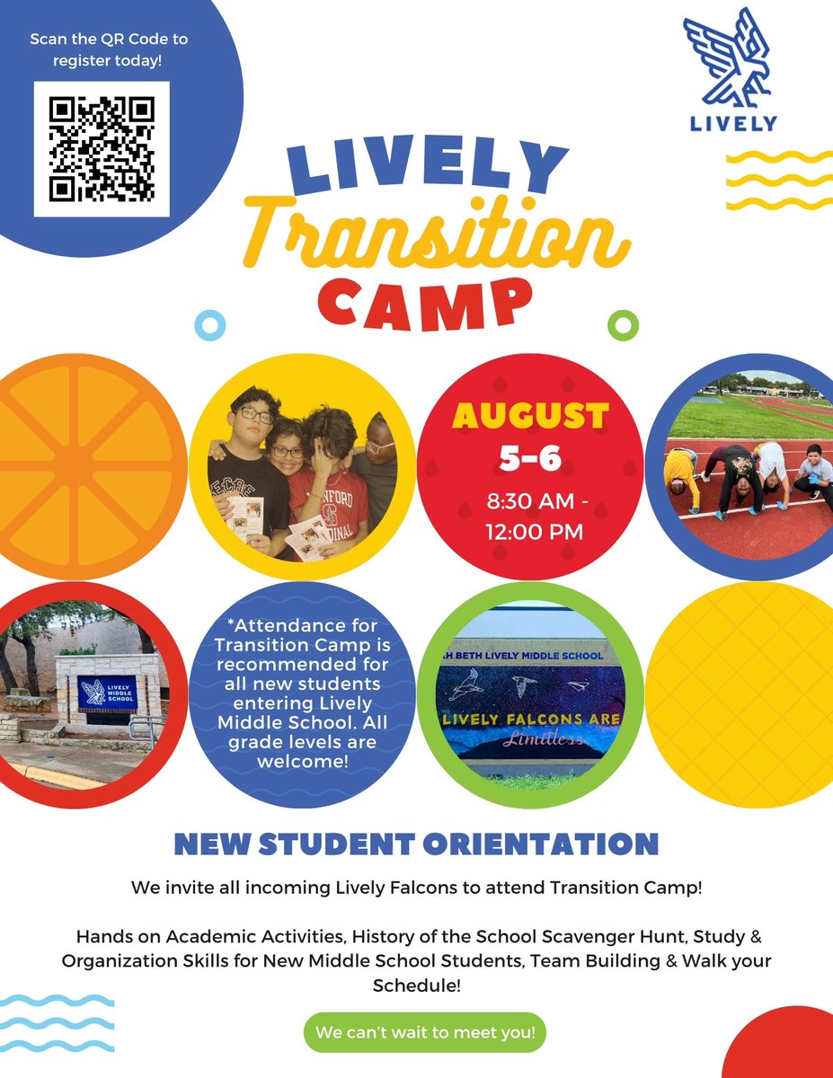 New Student Orientation: Lively Transition Camp is 2 days of fun and learning all about your new school! Recommended for all new Lively Falcons, grades 6-8. August 5-6; 8:30-12:00. Registration is required: forms.gle/Ni6sBvshJnFYhH…