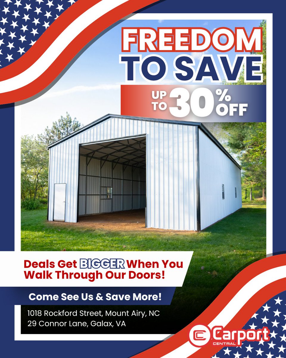 Freedom To Save - Walk In For Up To 30% Off! 

Step into savings this Independence Day at Carport Central.

Deals explode with value when you visit us in person - the BIGGEST discounts are waiting just inside our doors!
Don't miss out - Celebrate freedom with unbeatable savings!