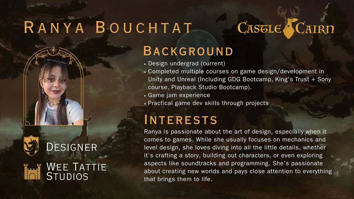 WeeTattieStudio's tweet image. 🎉 Dev Spotlight 🎉

Meet Ranya Bouchtat, working on Castle Cairn at Wee Tattie Studios!

Ranya’s Portfolio: ranyasportfolio.weebly.com

We help emerging devs get real team experience.

More spotlights coming weekly!

#GameDev #IndieDev #DevSpotlight #CastleCairn #WomenInGames