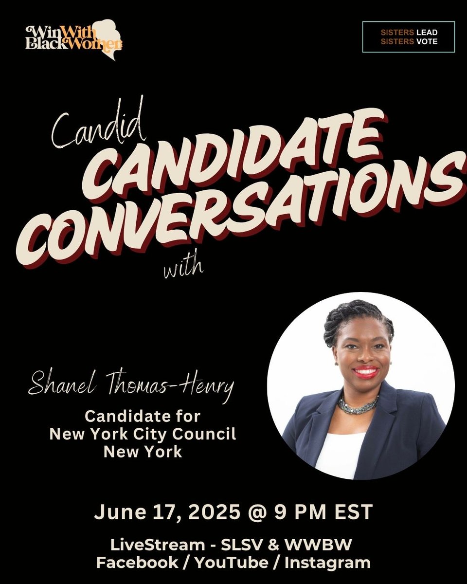 Tonight, we’re spotlighting East Coast powerhouses.
Join us at 9 PM ET for a dynamic discussion with 

🏛️Tiffany Kelly
🏛️ Shanel Thomas-Henry,

🎥 Watch live on SLSV &amp; #WWBW Facebook, YouTube, and Instagram!
#WinWithBlackWomen #SistersLead