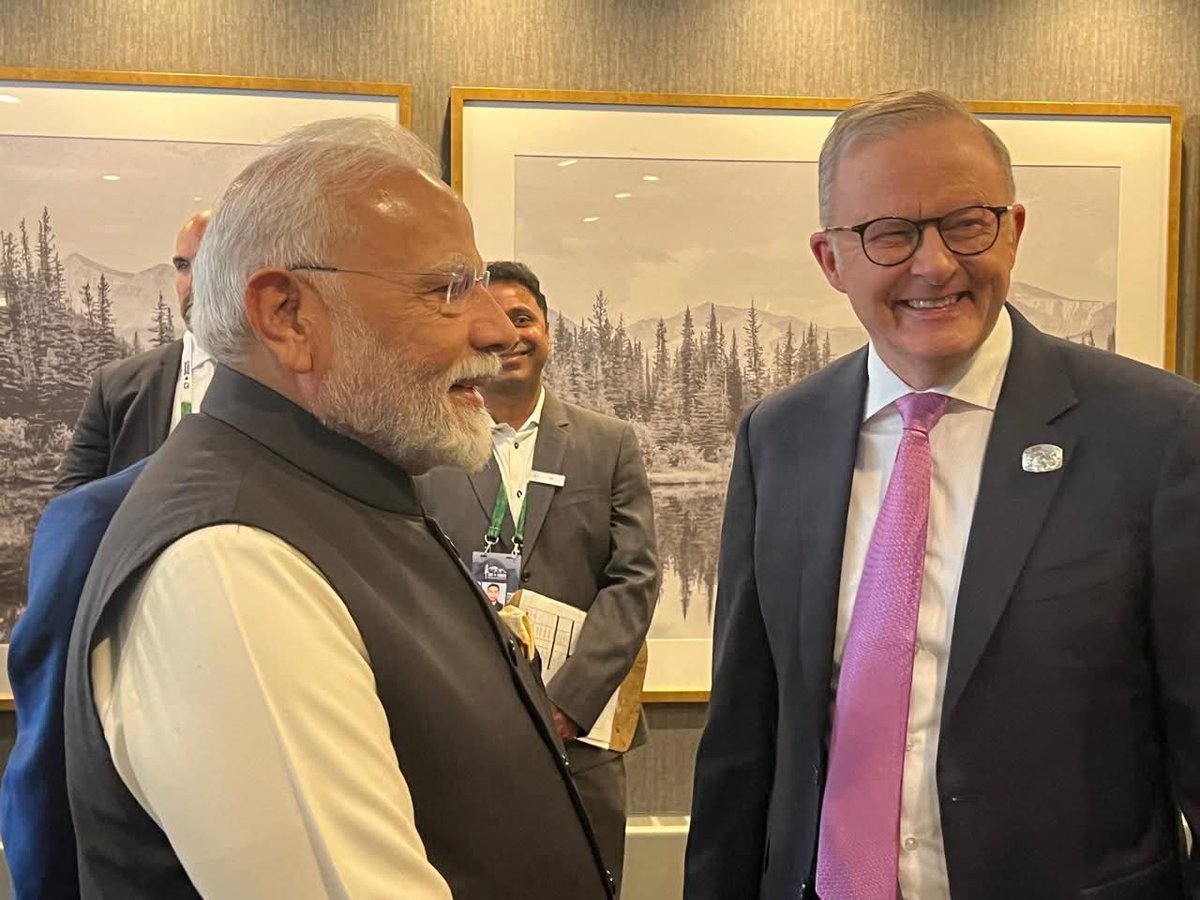 The Australia Today (@theaustoday) on Twitter photo 🤝 Leaders reconnect at G7!
India’s PM Narendra Modi met his “friend”, PM Anthony Albanese, on the sidelines of the G7 Summit in Canada 🇨🇦.
🗣️ Modi: “Good to meet my friend, PM Albanese of Australia during the G7 Summit in Canada!”
🇮🇳🤝🇦🇺
<a href="/narendramodi/">Narendra Modi</a> <a href="/AlboMP/">Anthony Albanese</a> <a href="/DrSJaishankar/">Dr. S. Jaishankar</a> 🤝 Leaders reconnect at G7!
India’s PM Narendra Modi met his “friend”, PM Anthony Albanese, on the sidelines of the G7 Summit in Canada 🇨🇦.
🗣️ Modi: “Good to meet my friend, PM Albanese of Australia during the G7 Summit in Canada!”
🇮🇳🤝🇦🇺
<a href="/narendramodi/">Narendra Modi</a> <a href="/AlboMP/">Anthony Albanese</a> <a href="/DrSJaishankar/">Dr. S. Jaishankar</a>