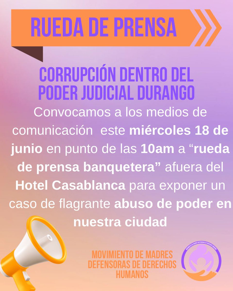 MMDDHHMx's tweet photo. Convocatoria a todos los medios de comunicación de #Durango a rueda de prensa mañana miércoles 18 de junio en la que hablaremos de un caso activo en el @PJDGO en el cual se está demostrando la corrupción sistemática de esta institución. @canal10durango @EnVivoTVMX @fernandomdas https://t.co/GbhiB9UB0E