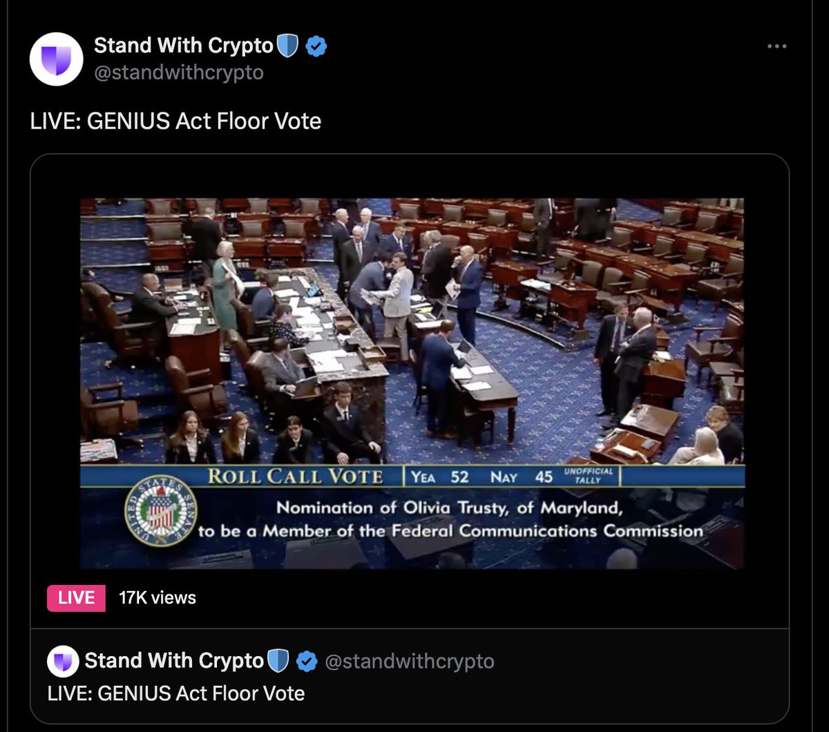 The Genius Act passed the Senate vote. One step closer! Now, on to the House of Representatives.  
#GENIUSAct
