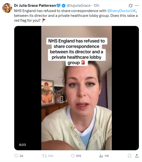 Doctor_Grift's tweet photo. NHS England has refused to share private director's correspondence with #EveryGrifter a known mercenary "not-your-profit" company headed by chief grifter and trouble maker Julia Dis-Grace Patterson.  
Good.  xx 💙 https://t.co/fzkwGkbzMn