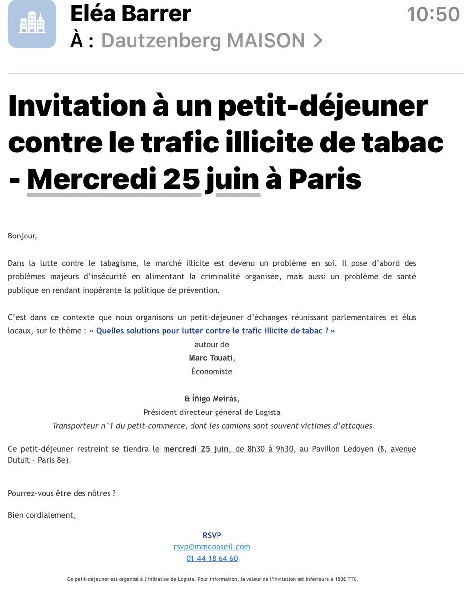 Décidément l’industrie du tabac ne renonce pas malgré la loi à inviter des leaders pour leur faire avaler une vérité manipulée pour vendre 🚬 qui tue 75000 français par an. j’espère que tout mes collègues refuseront cette honteuse invitation et l’orateur devrait se questionner😬