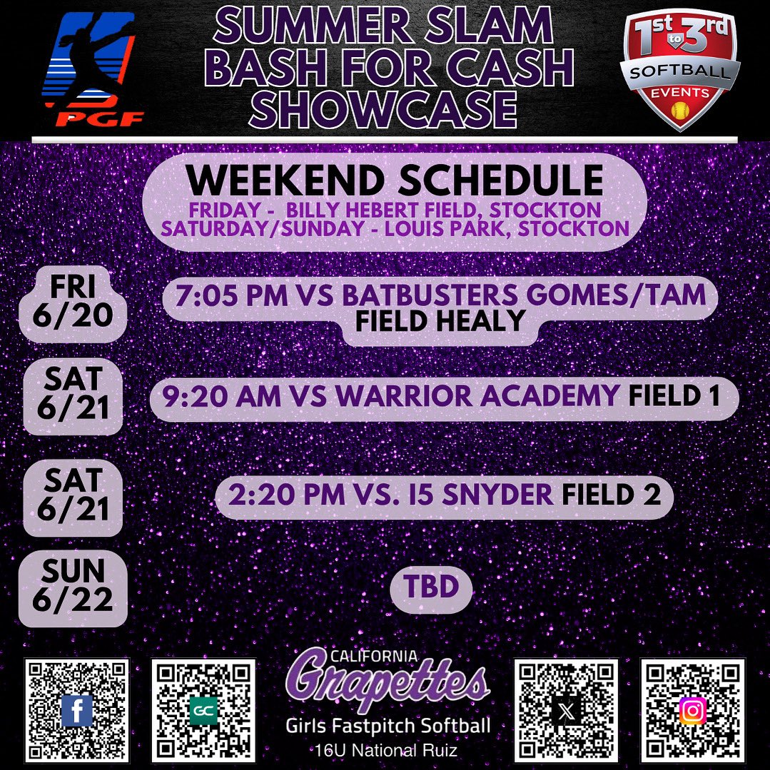 Grapettes 16U National - Ruiz (@grapettes_ruiz) on Twitter photo Our Weekend showcase schedule! Come out and see our girls in Stockton at the <a href="/PGFnetwork/">PGF</a> Bash for Cash Showcase! <a href="/ElisaAngel_2027/">Elisa Angel</a> <a href="/BellowMalia_21/">Malia Bellow 2028</a> <a href="/GraceOrozco2027/">Grace Orozco 2027</a> Our Weekend showcase schedule! Come out and see our girls in Stockton at the <a href="/PGFnetwork/">PGF</a> Bash for Cash Showcase! <a href="/ElisaAngel_2027/">Elisa Angel</a> <a href="/BellowMalia_21/">Malia Bellow 2028</a> <a href="/GraceOrozco2027/">Grace Orozco 2027</a>