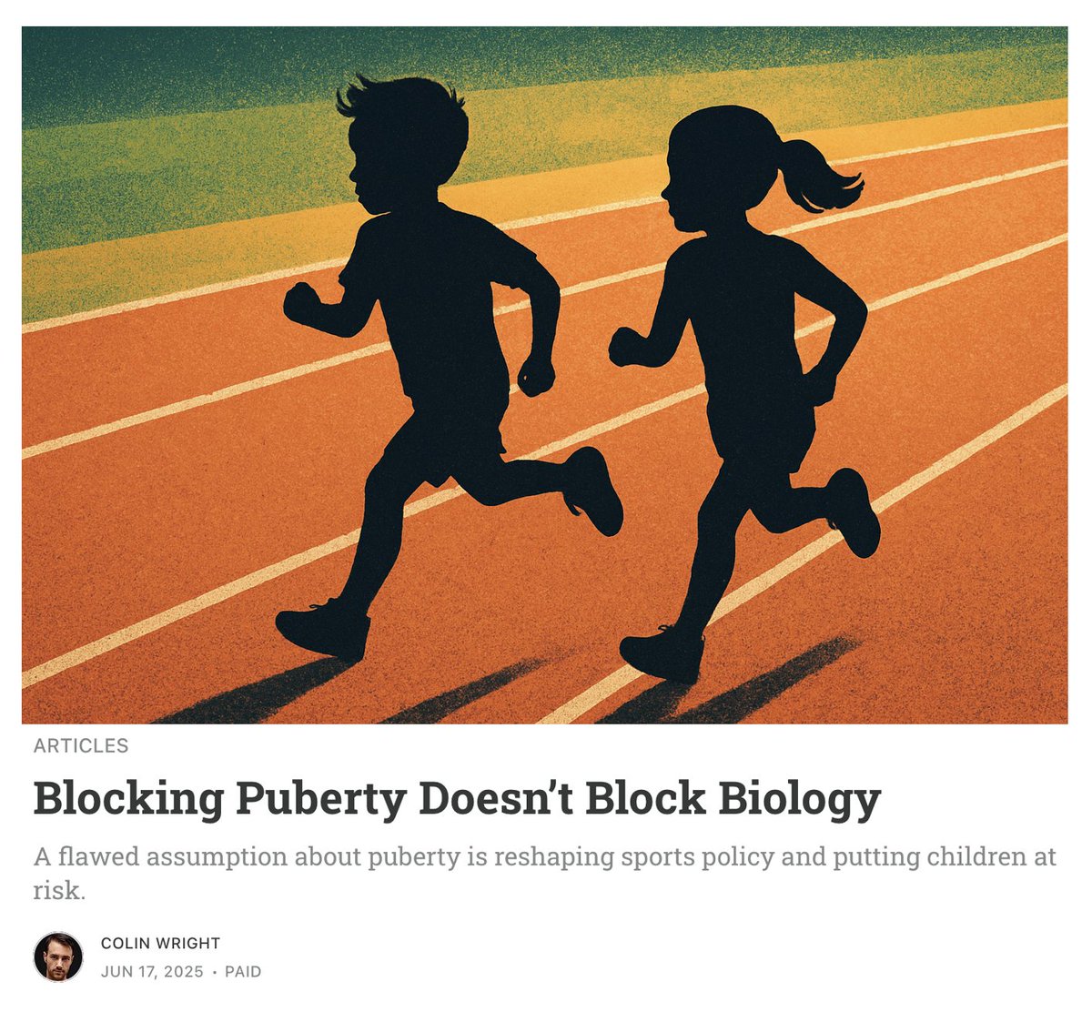 🚨NEW: Activists claim male athletic advantage only begins at puberty, and therefore puberty-blocked males can compete fairly against females. That’s a lie. 

Blocking puberty doesn't block all biology.

A new peer-reviewed study shows boys consistently outrun girls before