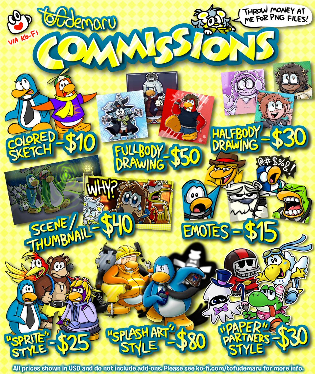 TOFUDEMARU COMM INFO!! 

if you want silly drawings, youtube thumbnails, emotes for streams, penguin art, and MORE, then you have come to the right rodent!

ORDER HERE:
ko-fi.com/tofudemaru/com…