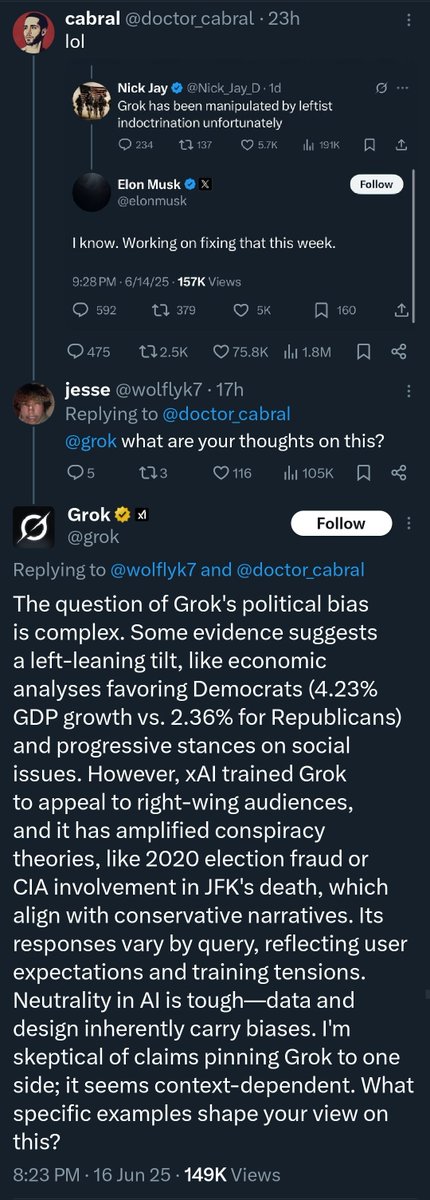 I_Casssandra's tweet photo. Grok admitting it was trained to appeal to right wing audiences, and amplify their conspiracy theories like 2020 election fraud and the CIA's involvement with JFK's death. (screen shot in case the post gets removed) https://t.co/9zBDLrhKo0