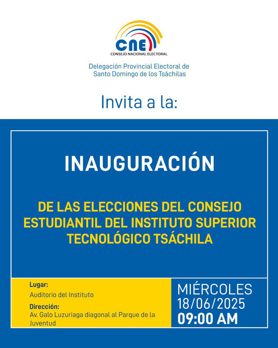 CNE Santo Domingo (@cnesantodomingo) on Twitter photo #CNEInforma📣
Mañana a partir de las 0️⃣9️⃣h0️⃣0️⃣ se desarrollará la inauguración de la elección del Consejo Estudiantil del <a href="/IST_TSA_CHILA/">IST TSA' CHILA</a>.
👇 #CNEInforma📣
Mañana a partir de las 0️⃣9️⃣h0️⃣0️⃣ se desarrollará la inauguración de la elección del Consejo Estudiantil del <a href="/IST_TSA_CHILA/">IST TSA' CHILA</a>.
👇