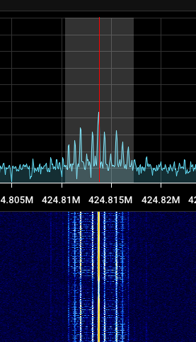 ryzerth's tweet image. Mysterious new signal around here at 424.813MHz. FM modulated, 12.5KHz bandwidth, 2FSK subcarrier at 1800Hz with 1200Hz deviation. Data is 2400baud, sync word is 0xE5FF9F (3 bytes exact), followed by 4 bytes of data. No encoding or FEC appears to be used. Anyone know what it is?