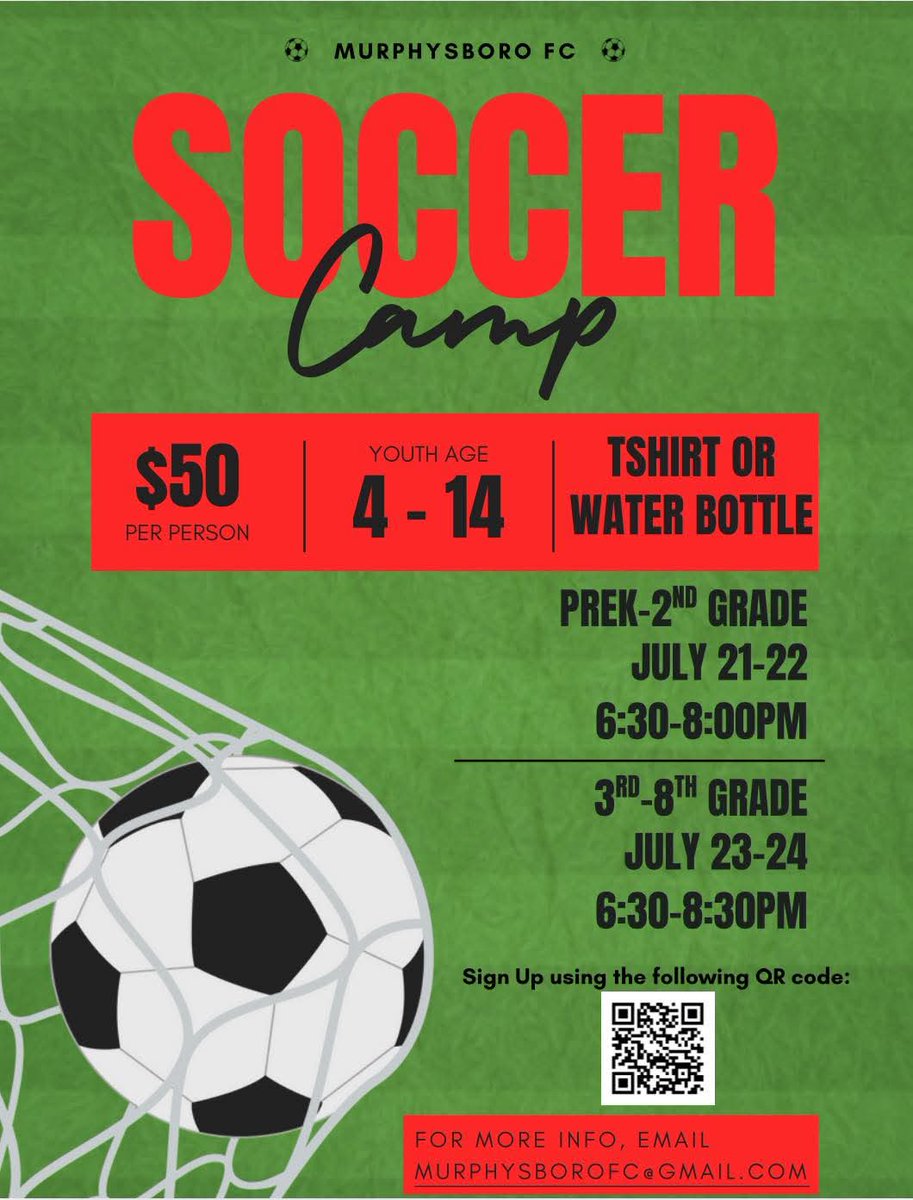 Go ahead and add SOCCER CAMP to the calendar in July!😁❤️⚽️ Register today for MSI Skills Camp!!
Use the link below or scan the QR code on the flyer. Please share.❤️⚽️
go.teamsnap.com/forms/487718