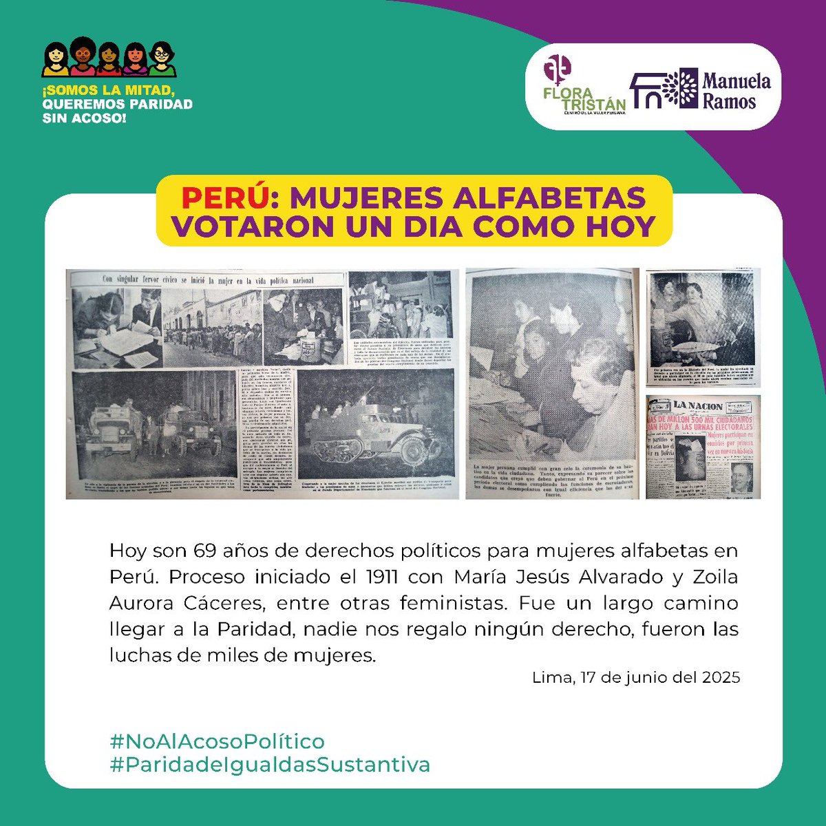 #UndiaComoHoy hace 69 años votaron las mujeres alfabetas, Desde 1911 feministas como María Jesús Alvarado y Zoila Aurora Caceres y cientos de mujeres políticas lucharon por nuestros derechos Seguimos en las luchas contra los retrocesos <a href="/paridadperu/">Paridad Perú 🇵🇪 #AgendaFeministaBicentenaria</a> <a href="/CMPFloraTristan/">Flora Tristán 🇵🇪 #NoMásViolencia</a> <a href="/JNE_Peru/">JNE Perú</a>