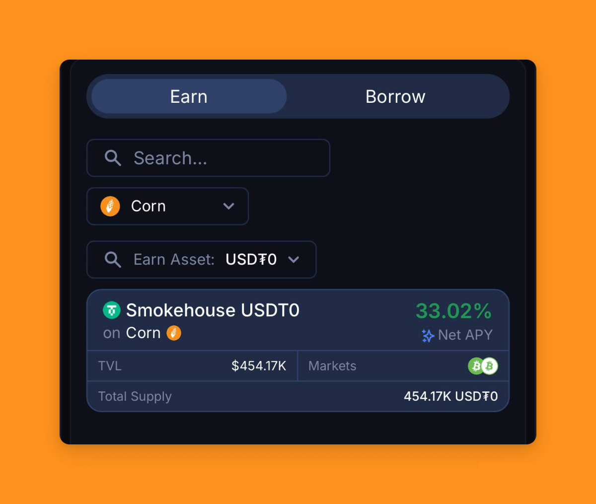 Earn 33% APY when you deposit into the Smokehouse USDT0 vault on <a href="/use_corn/">corn</a> 🌽