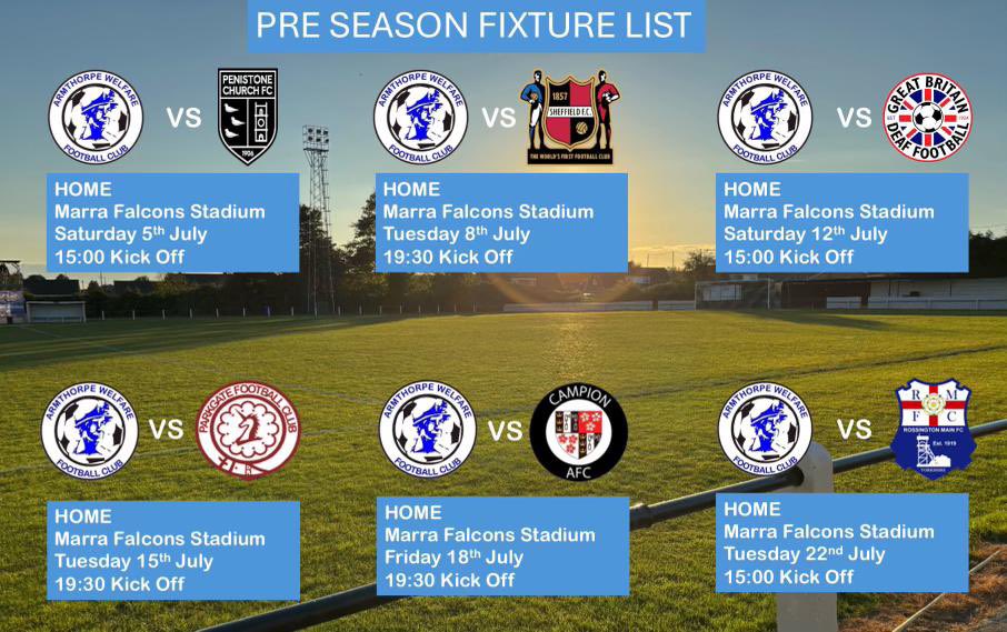 FIRST TEAM PRE-SEASON FIXTURES 

The first chance to go support “Our Brad” and the FT squad. 
Some great fixtures lined up here for our boys who are already looking like a great team in training. 
Some big signings made for this level so get down and watch some great football.