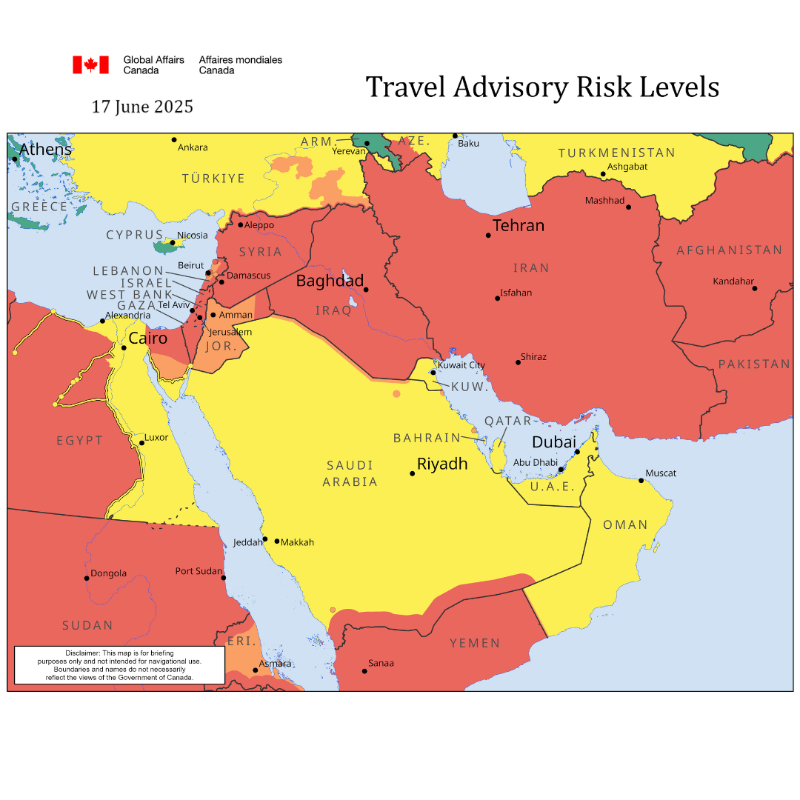 TravelGoC's tweet photo. Risk levels in the #MiddleEast: 
  
🔴 Avoid all travel:
Iran
Iraq
Israel, the West Bank and the Gaza Strip
Syria
Yemen
 
🟠Avoid non-essential travel:
Lebanon
Jordan
 
🟡 Exercise a high degree of caution:
Kuwait
Oman
Bahrain
Egypt
Qatar
Saudi Arabia
United Arab Emirates