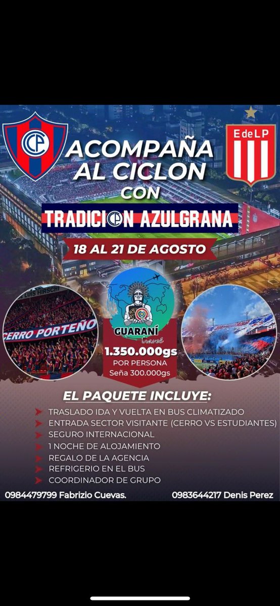 ESTUDIANTES VS CERRO PORTEÑO 

NO TE QUEDES SIN TU LUGAR Y RESERVA YA, la mejor experiencia detrás del ciclón de Barrio Obrero lo vivis con la familia de Tradición Azulgrana 👏🏻👏🏻 <a href="/Danymacica/">𝓓𝓪𝓷𝓲𝓮𝓵 𝓜𝓪𝓬𝓲𝓮𝓵 𝓒. 🇵🇾</a> <a href="/Cerroite/">Cerroite</a>
