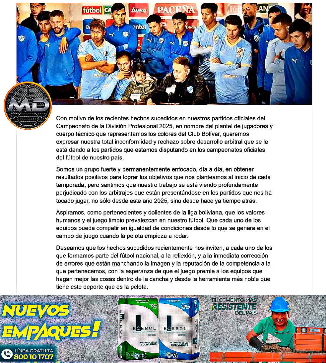 maquinadeportes's tweet image. #Bolívar 
#Ecebol
AHORA POR ESCRITO ✍🏻 EL CUERPO TÉCNICO Y LOS JUGADORES DE BOLÍVAR EMITIERON UN COMUNICADO DONDE INDICAN QUE SE SIENTEN PERJUDICADOS POR EL ARBITRAJE