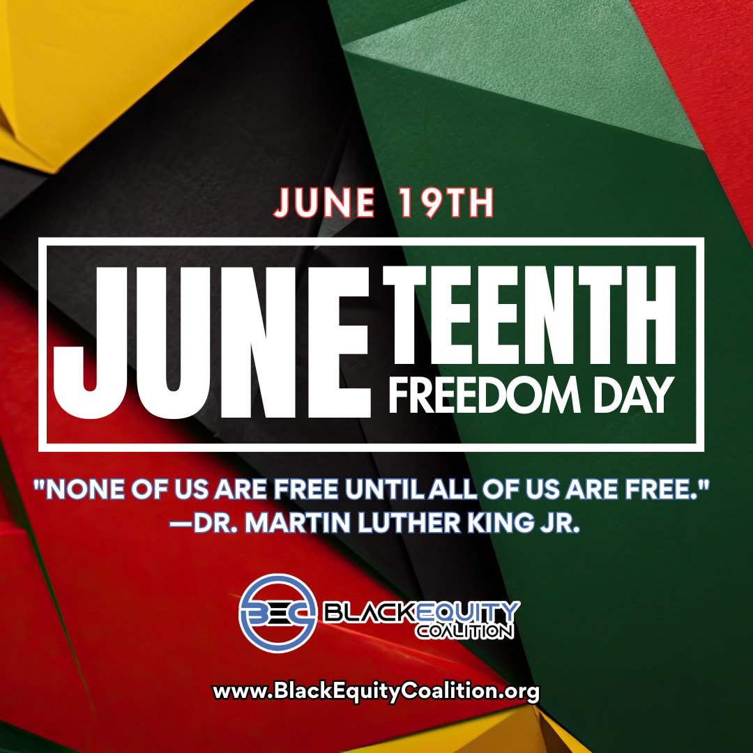 Black Equity Coalition (BEC) (@blackequitybec) on Twitter photo Happy Juneteenth! A Celebration of Freedom 🖤❤️💚
On June 19, 1865, more than two years after the Emancipation Proclamation, over 250,000 enslaved Black people in Galveston, Texas, were finally informed of their freedom by Union troops. This day became known as Juneteenth, now Happy Juneteenth! A Celebration of Freedom 🖤❤️💚
On June 19, 1865, more than two years after the Emancipation Proclamation, over 250,000 enslaved Black people in Galveston, Texas, were finally informed of their freedom by Union troops. This day became known as Juneteenth, now