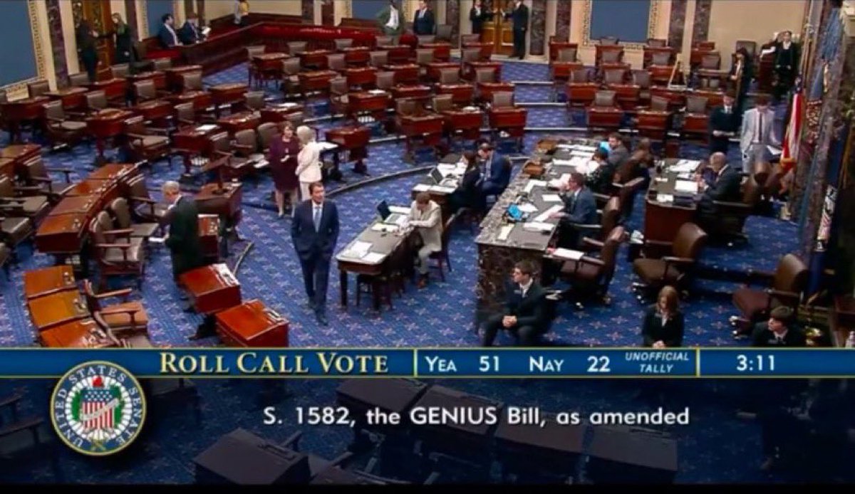 🚨BREAKING: EL SENADO 🇺🇸 VOTA A FAVOR DE CREAR UN MARCO REGULATORIO CLARO PARA LAS STABLECOINS, DETERMINANDO QUE NO SON SECURITIES ‼️👀