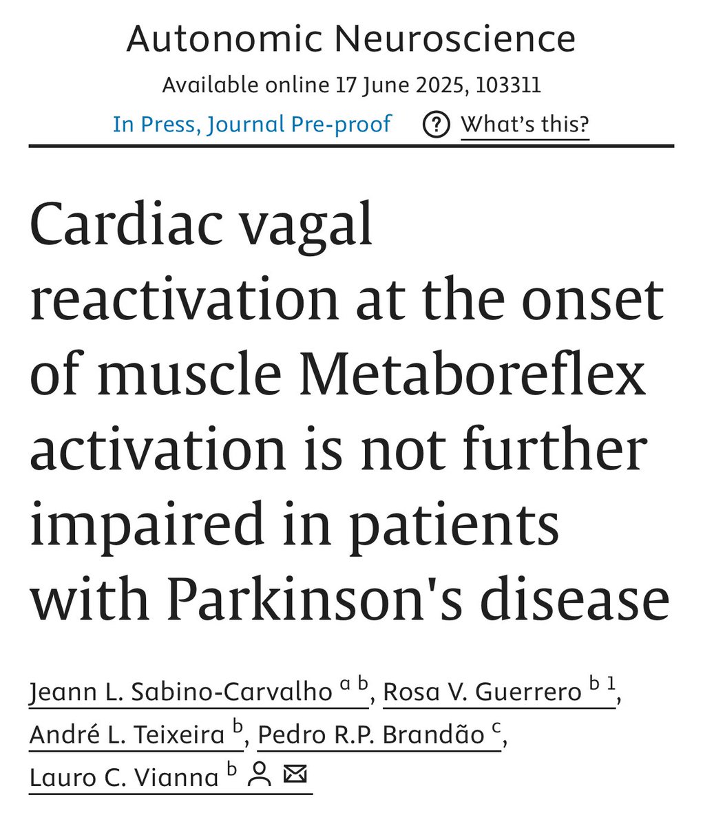 Jeann L. Sabino-Carvalho (@jeannsabino) on Twitter photo 📢 Excited to share our latest article! 🎉
📚 Cardiac vagal reactivation at the onset of muscle Metaboreflex activation is not further impaired in patients with Parkinson's disease
🔗 sciencedirect.com/science/articl…
📄 <a href="/ISANautonomic/">ISANautonomic</a>
👨🏻🔬 <a href="/lauro_vianna/">Lauro Vianna</a> <a href="/pedrorpbrandao/">Pedro Renato P. Brandão</a> <a href="/AndrLTeixeira3/">André L. Teixeira</a> 📢 Excited to share our latest article! 🎉
📚 Cardiac vagal reactivation at the onset of muscle Metaboreflex activation is not further impaired in patients with Parkinson's disease
🔗 sciencedirect.com/science/articl…
📄 <a href="/ISANautonomic/">ISANautonomic</a>
👨🏻🔬 <a href="/lauro_vianna/">Lauro Vianna</a> <a href="/pedrorpbrandao/">Pedro Renato P. Brandão</a> <a href="/AndrLTeixeira3/">André L. Teixeira</a>