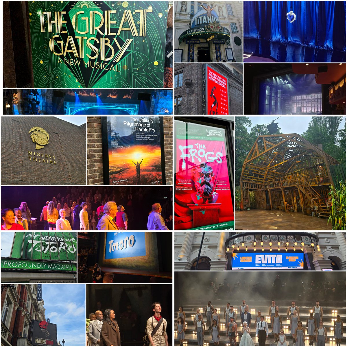 Shows over the past month: The Great Gatsby, Titanique, MJ, The Unlikely Pilgrimage of Harold Fry, The Frogs, Shucked, My Neighbour Totoro, Hadestown, and (from tonight) Evita.