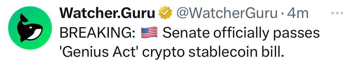 _Crypto_Barbie's tweet photo. ⚠️ JUST IN:

THE SENATE HAS OFFICIALLY PASSED THE ‚GENIUS ACT‘ CRYPTO STABLECOIN BILL! 🇺🇸 

A NEW ERA FOR MONEY HAS JUST BEEN UNLOCKED! 🔓#XRP https://t.co/5VktoFyqwP