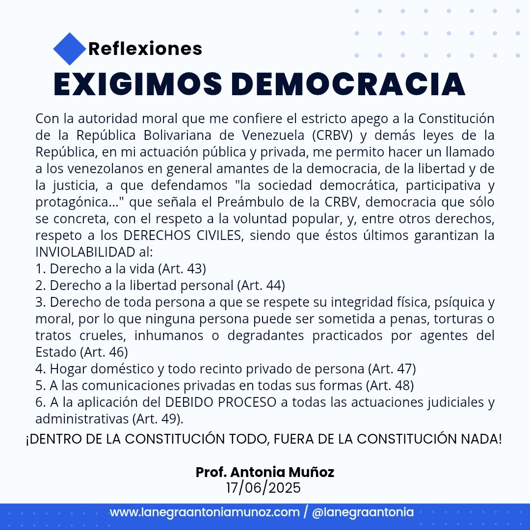 Exigimos democracia.
Dentro de la Constitución todo, fuera de la Constitución nada.
No puede ser usado como un eslogan. Es necesario respetar las normas y garantía que nos da la Constitución a todos los venezolanos