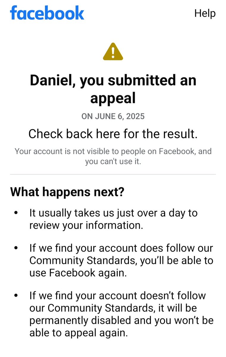 Hey <a href="/Meta/">Meta</a> - my <a href="/facebook/">Facebook</a> account has been suspended for no clear reason... only response when I reached out was this message from two weeks back... I've sent bunches of emails... no response... appeal process requires that I log into my account, which I'm unable to do... (help!)
