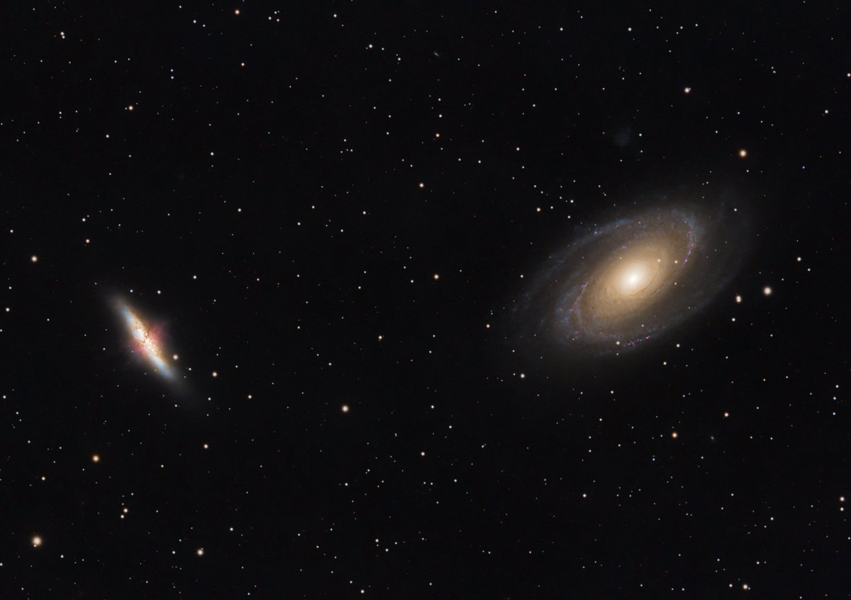 A galactic pair. Messier 81 Bodes Galaxy (r) and Messier 82 The Cigar Galaxy (l) in Ursa Major. Imaged from the garden in April. 120mm refractor &amp; ZWO  2600MC camera. #astronomy #Astrophotography #Galaxy #Space  <a href="/zwoastro/">ZWO</a> #ThePhotoHour