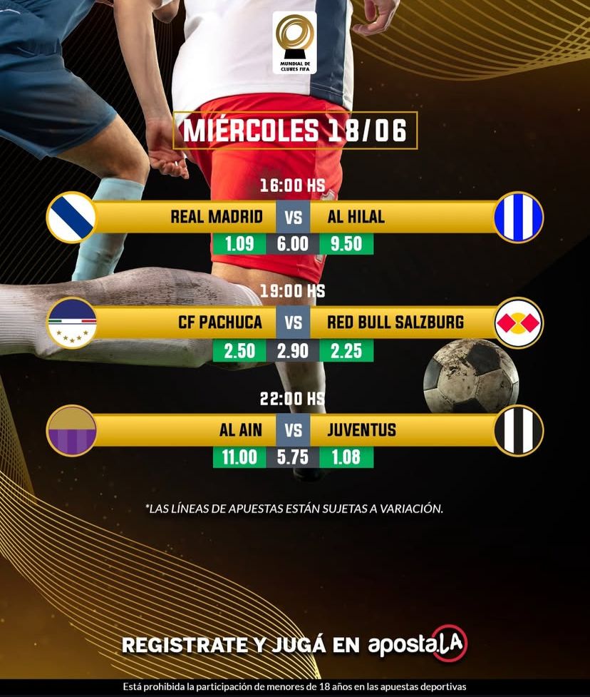 ¡La pasión del Mundial de Clubes en <a href="/Apostalapy/">Apostala</a>! 🙌🏼🏆 

Este miércoles 17/06 debuta el Real Madrid y el Al-Ain de Kaku Romero, Segovinha y Facundo Zabala. 

 Armá tu combinada acá 👉🏻: aposta.la