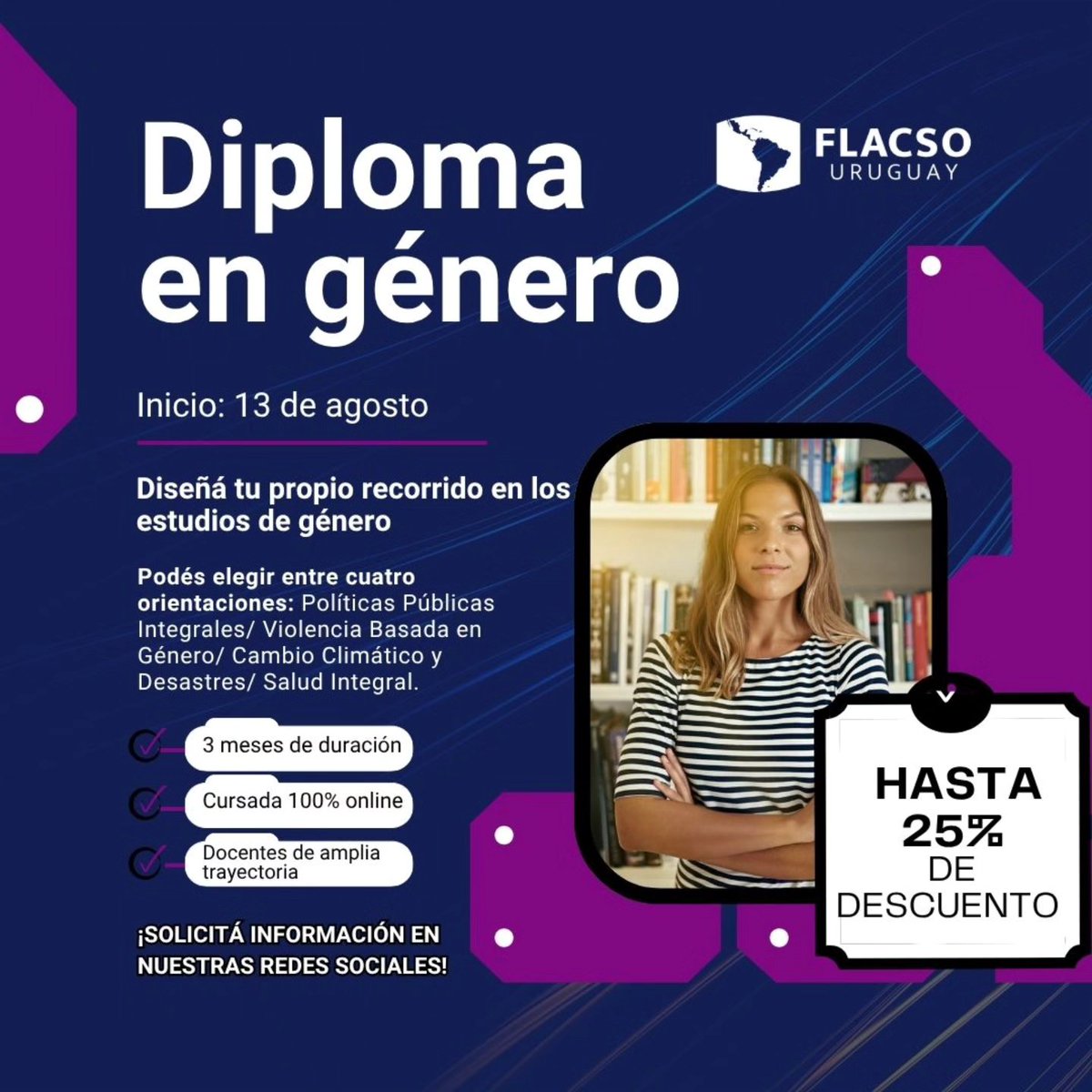 smuruguay's tweet photo. ✅Con el @smuruguay y @FLACSOUruguay comenzá el segundo semestre del 2025 con 25% de descuento en Diplomas📚 
Además del 15% de descuento por el convenio SMU-FLACSO, se le suma en esta oportunidad un 10% extra por inscripciones anticipadas 
Conocé más👉 https://t.co/g7elE6Ny9Y https://t.co/eglOUDnD94