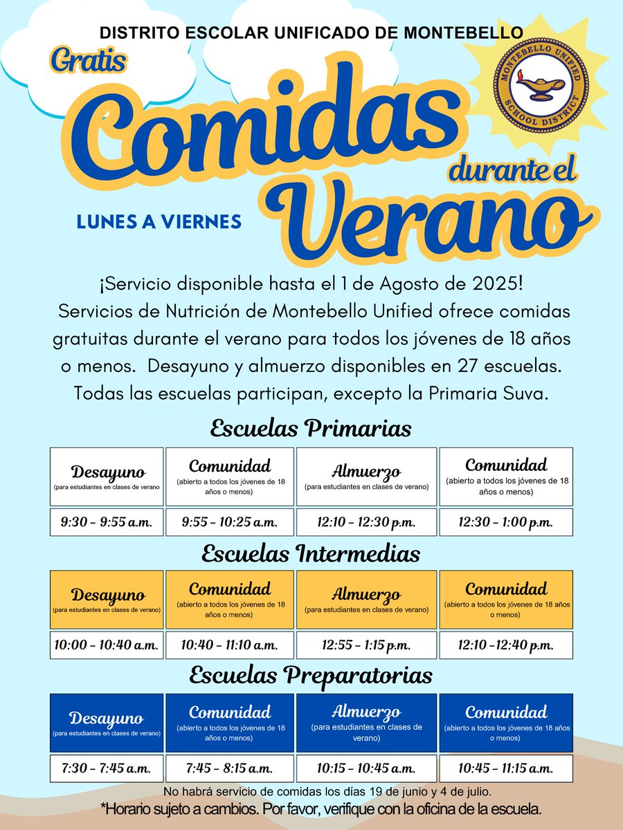 Now Serving Free Summer Meals Through August 1, 2025! Montebello Unified School District Nutrition Services is providing free summer meals to all youth 18 and under. Breakfast and lunch are available at 27 school sites. Click here for more information: bit.ly/4kQlrRm