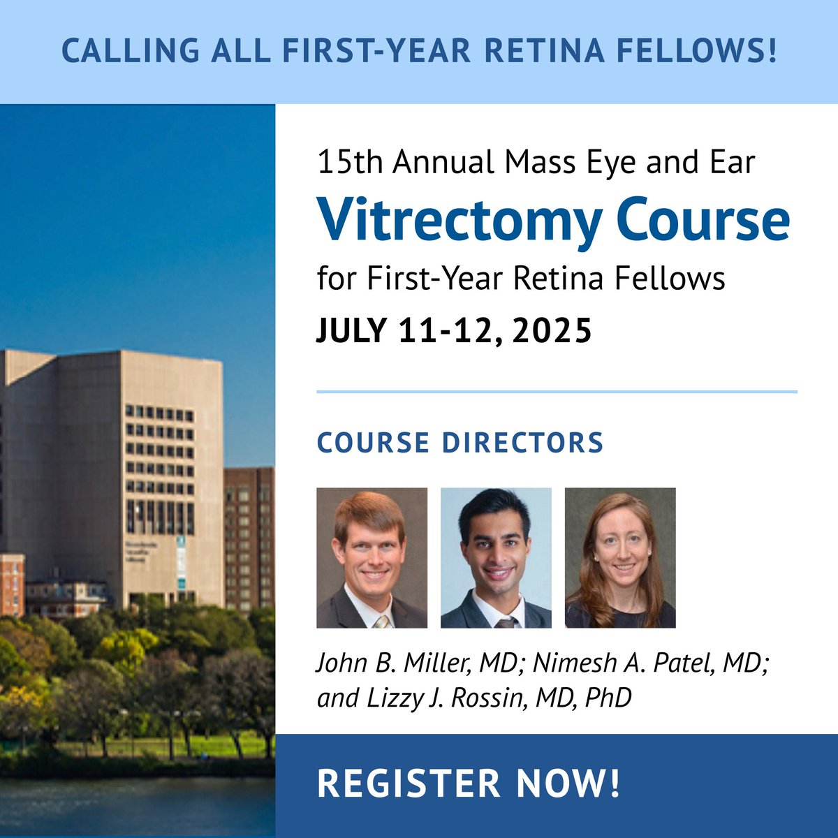 Calling all incoming 1st-year retina fellows! Register NOW for the 15th Annual Mass Eye and Ear Vitrectomy Course! Join us July 11-12 in Boston for this unique workshop that covers the theory and practice of vitreoretinal surgery: ow.ly/G9bF50Wb8nc #ad