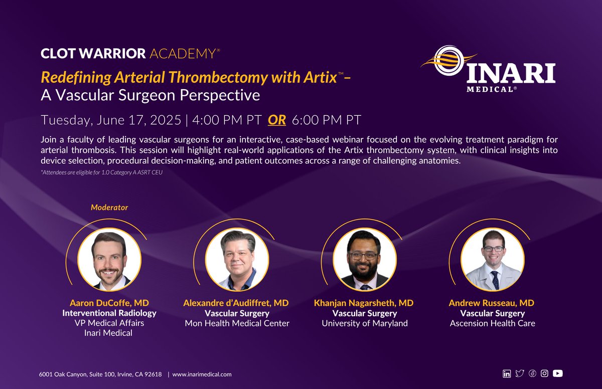Inari Medical (@inarimedical) on Twitter photo REMINDER: Tomorrow is our next #ClotWarriorAcademy webinar!
We’ll discuss the latest innovations in arterial thrombectomy and clinical strategies, featuring key insights on the #Artix device and its impact on #ALI treatment. Gain valuable perspectives through real-world REMINDER: Tomorrow is our next #ClotWarriorAcademy webinar!
We’ll discuss the latest innovations in arterial thrombectomy and clinical strategies, featuring key insights on the #Artix device and its impact on #ALI treatment. Gain valuable perspectives through real-world