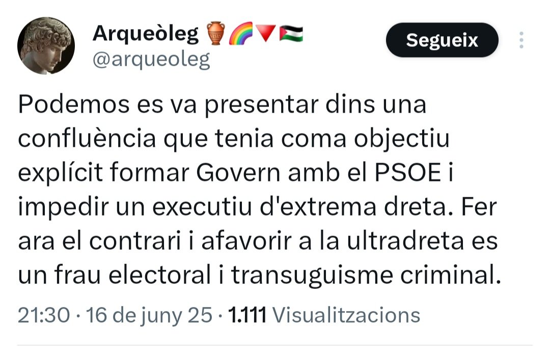 Si la corrupció és del PP o kumbaryensia és una vergonya. Si la corrupció és del PSOE del 155 no passa res de res i a sobre els donem suport, a canvi de les nostres paguetes/menjadores, fins l'infinit. La nostra mascota de l'Arqueòleg Fastigós (ICV) és patètic i ridícul! #NOESPOT