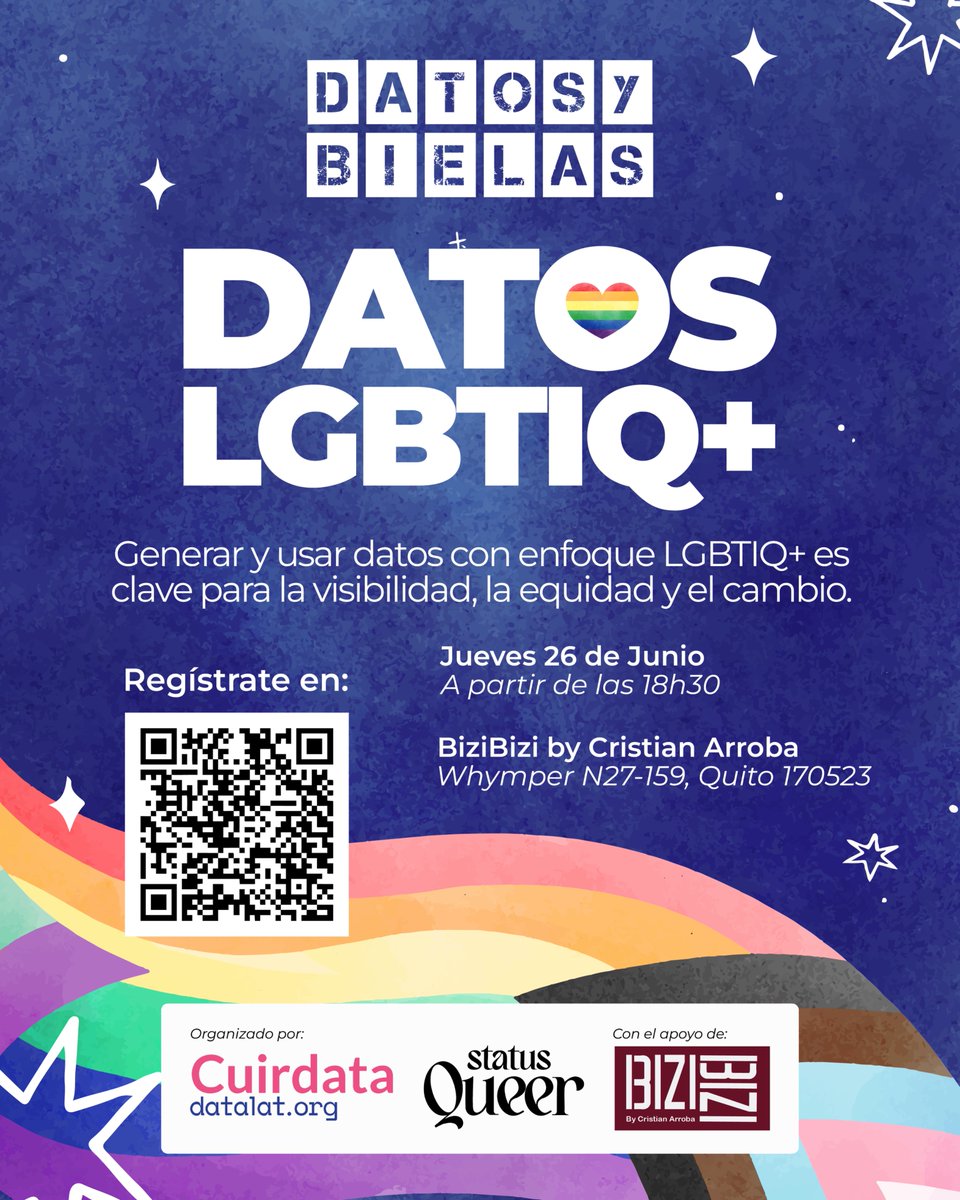 datalat's tweet image. ๐ณ๏ธโ๐๐ En el #MesDelOrgullo, ยกnos tomamos una biela para hablar de datos, derechos y diversidad!
Te invitamos a Datos y Bielas ๐ป๐ฌ
๐๏ธ Jueves 26 de junio โ 18h30
๐ BiziBizi, Quito
๐๏ธ Evento gratuito
Regรญstrate ๐forms.gle/X34ETtsrj6Q4S5โฆ