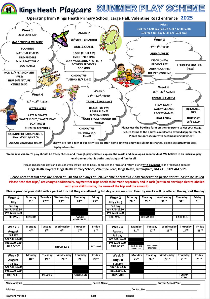 KHPlaycare's tweet photo. We are excited to be releasing our summer holiday play scheme program and booking forms. Struggling for childcare? Book your child in, we’re offering lots of fun activities. Download the booking form from our website or email us to request one kingsheathplaycare@gmail.com https://t.co/z900sL5zwH