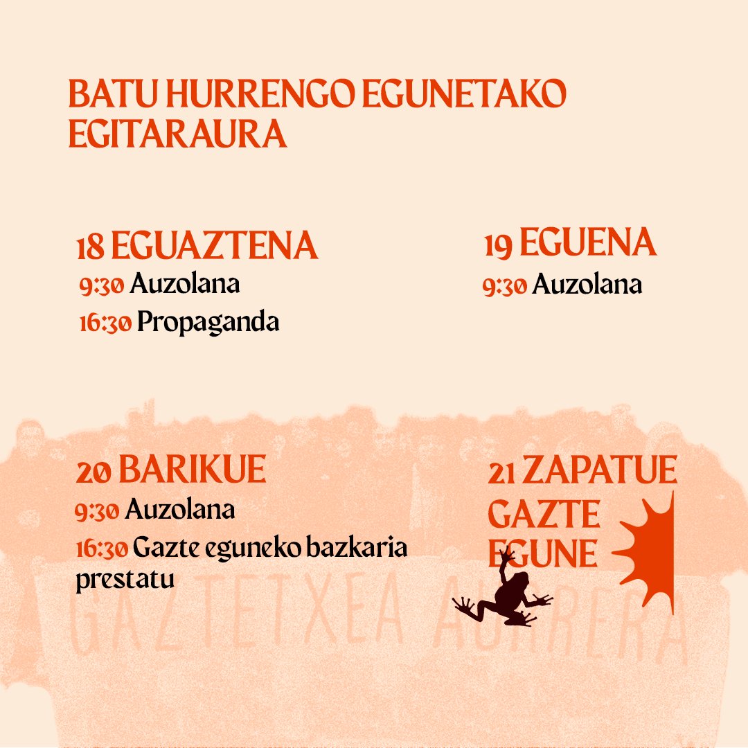 Batu hurrengo egunetan Durangoko gaztetxean egingo ditugun lan egunetara, bertan itxaroten zaitugu✊🔥