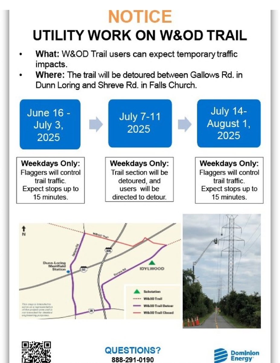 Starting this week, trail users between Gallows Rd and Shreve Rd may encounter delays of up to 15 minutes as Dominion Energy prepares to re-conductor their transmission lines there in early July.  Thanks for your patience!