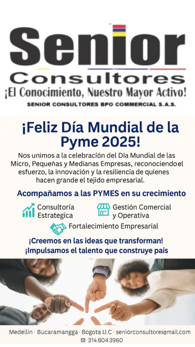 SENIOR_CONSULT's tweet photo. ¡Feliz Día Mundial de la Pyme 2025! 
Nos unimos a la celebración del Día Mundial de las Micro, Pequeñas y Medianas Empresas, reconociendo el esfuerzo, la innovación y la resiliencia de quienes hacen grande el tejido empresarial.

💼 Acompañamos a las PYMES en su crecimiento https://t.co/qojL1fPnab