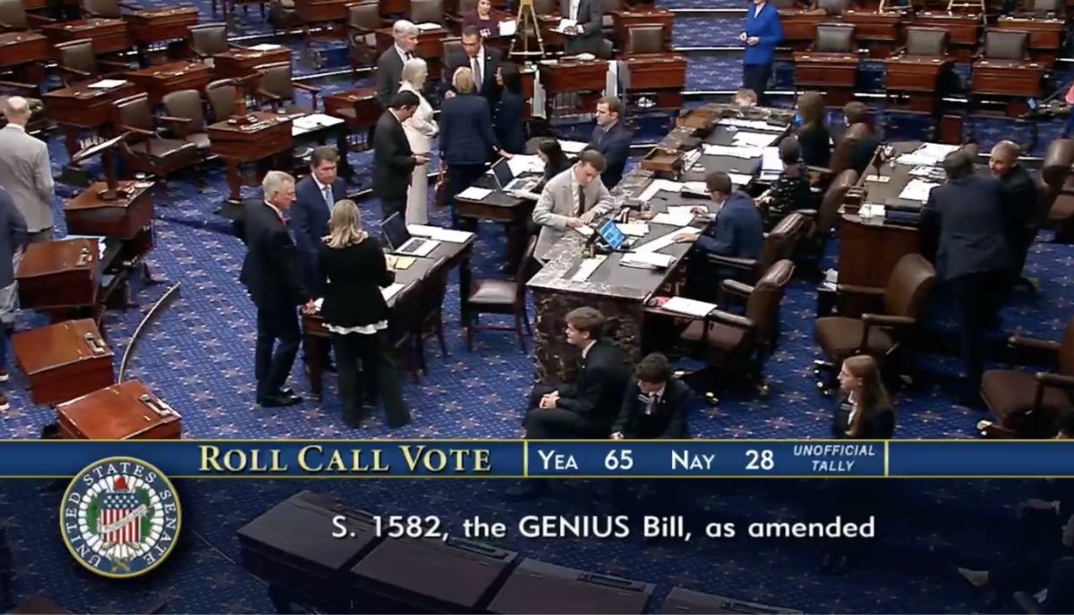JUST NOW HISTORY MADE

WITH A SUPER MAJORITY THE US SENATE WILL PASS THE GENIUS ACT.

🇺🇸